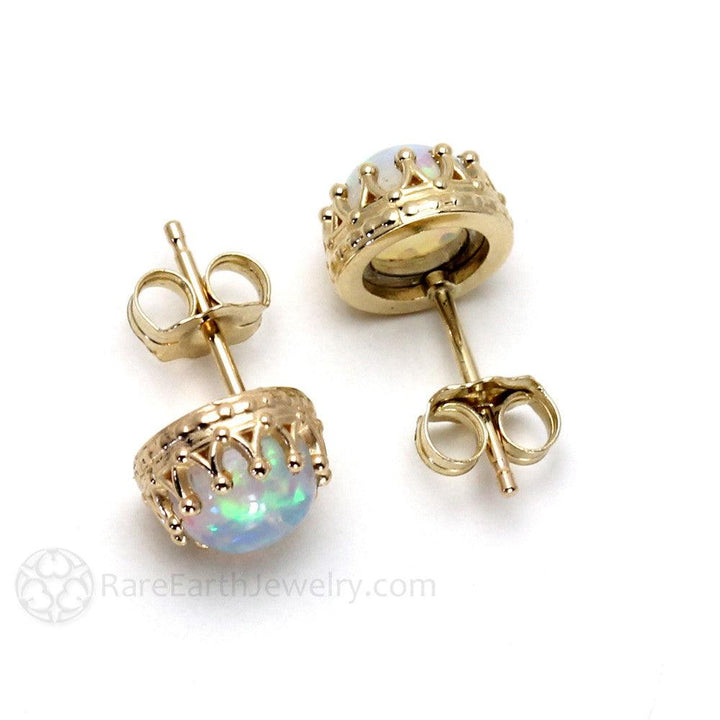 Opal Earrings 14K Gold Crown Design Studs October Birthstone, Rare Earth Jewelry