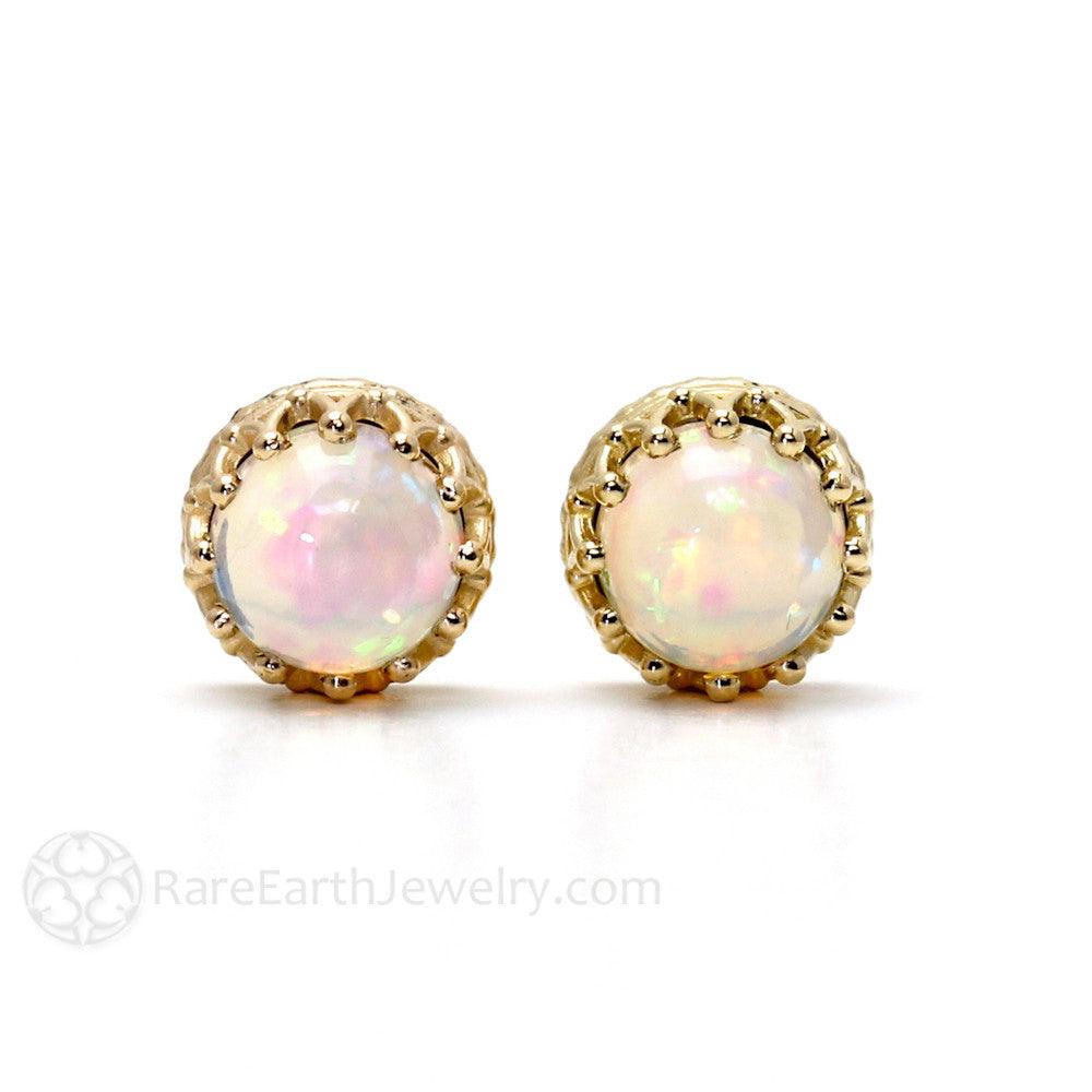 Opal Earrings 14K Gold Crown Design Studs October Birthstone, Rare Earth Jewelry