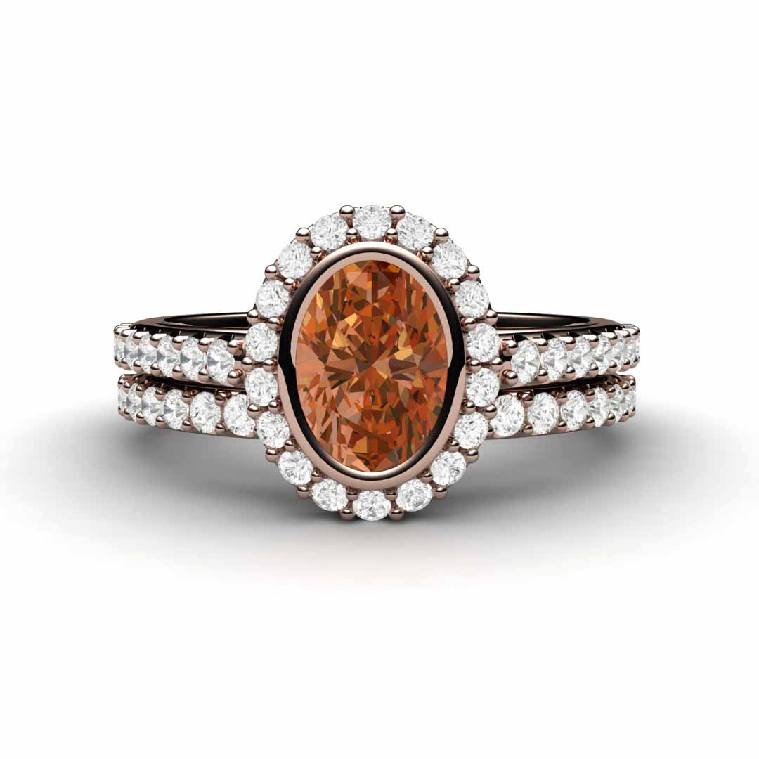 Oval Orange Sapphire Engagement Ring Bezel Set Pave Diamond Halo, Rare Earth Jewelry