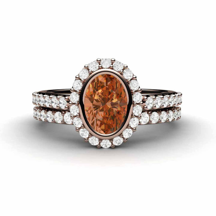 Oval Orange Sapphire Engagement Ring Bezel Set Pave Diamond Halo, Rare Earth Jewelry