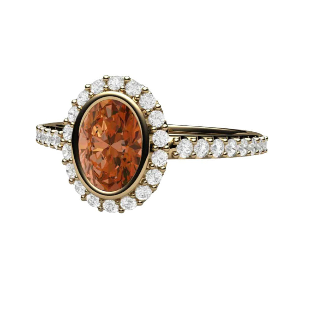 Oval Orange Sapphire Engagement Ring Bezel Set Pave Diamond Halo, Rare Earth Jewelry