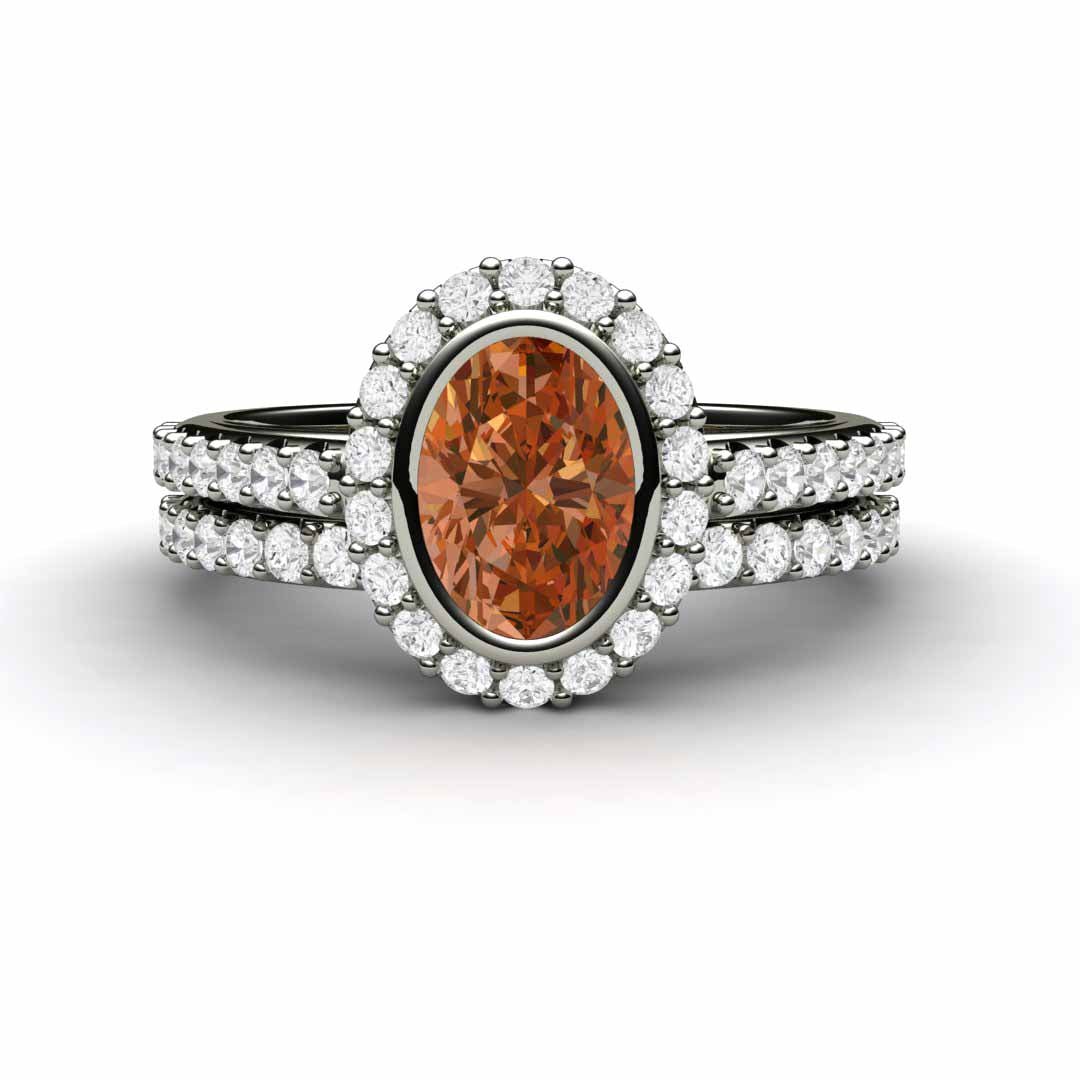 Oval Orange Sapphire Engagement Ring Bezel Set Pave Diamond Halo, Rare Earth Jewelry