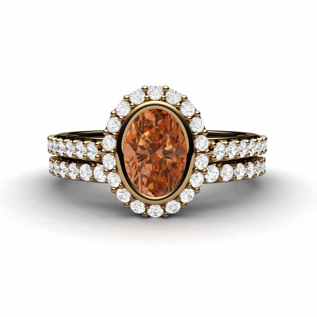 Oval Orange Sapphire Engagement Ring Bezel Set Pave Diamond Halo, Rare Earth Jewelry