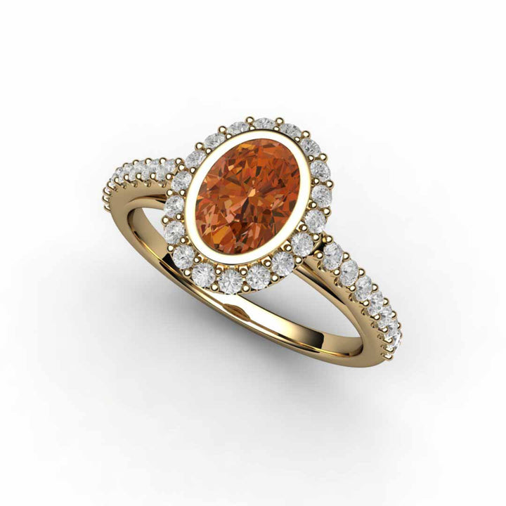 Oval Orange Sapphire Engagement Ring Bezel Set Pave Diamond Halo, Rare Earth Jewelry