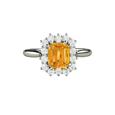 Orange Yellow Sapphire Ring Vintage Engagement with Diamonds 14K White Gold - Rare Earth Jewelry