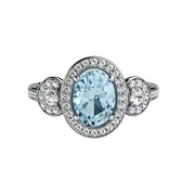 Oval 3 Stone Aquamarine Engagement Ring with Diamond Halo 14K White Gold - Rare Earth Jewelry