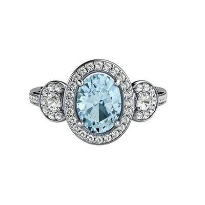 Oval Aquamarine Engagement Ring 3 Stone with Diamond Halo in Gold or Platinum from Rare Earth Jewelry