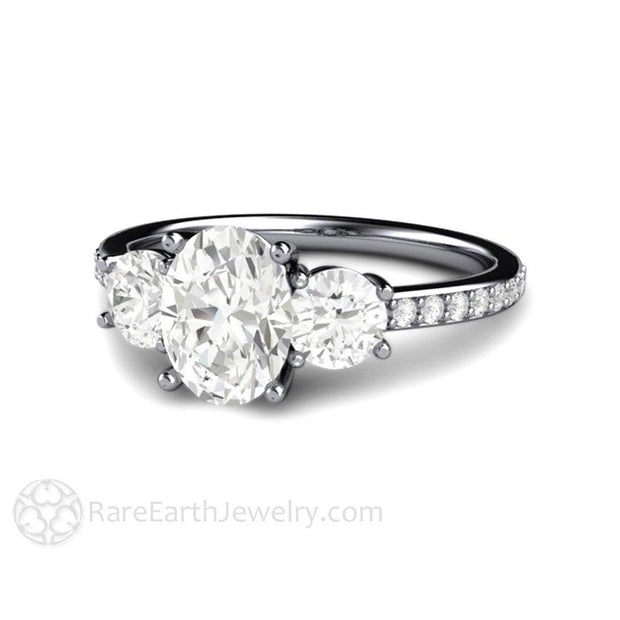 Oval 3 Stone Moissanite Engagement Ring with Diamonds 14K White Gold - Engagement Only - Rare Earth Jewelry