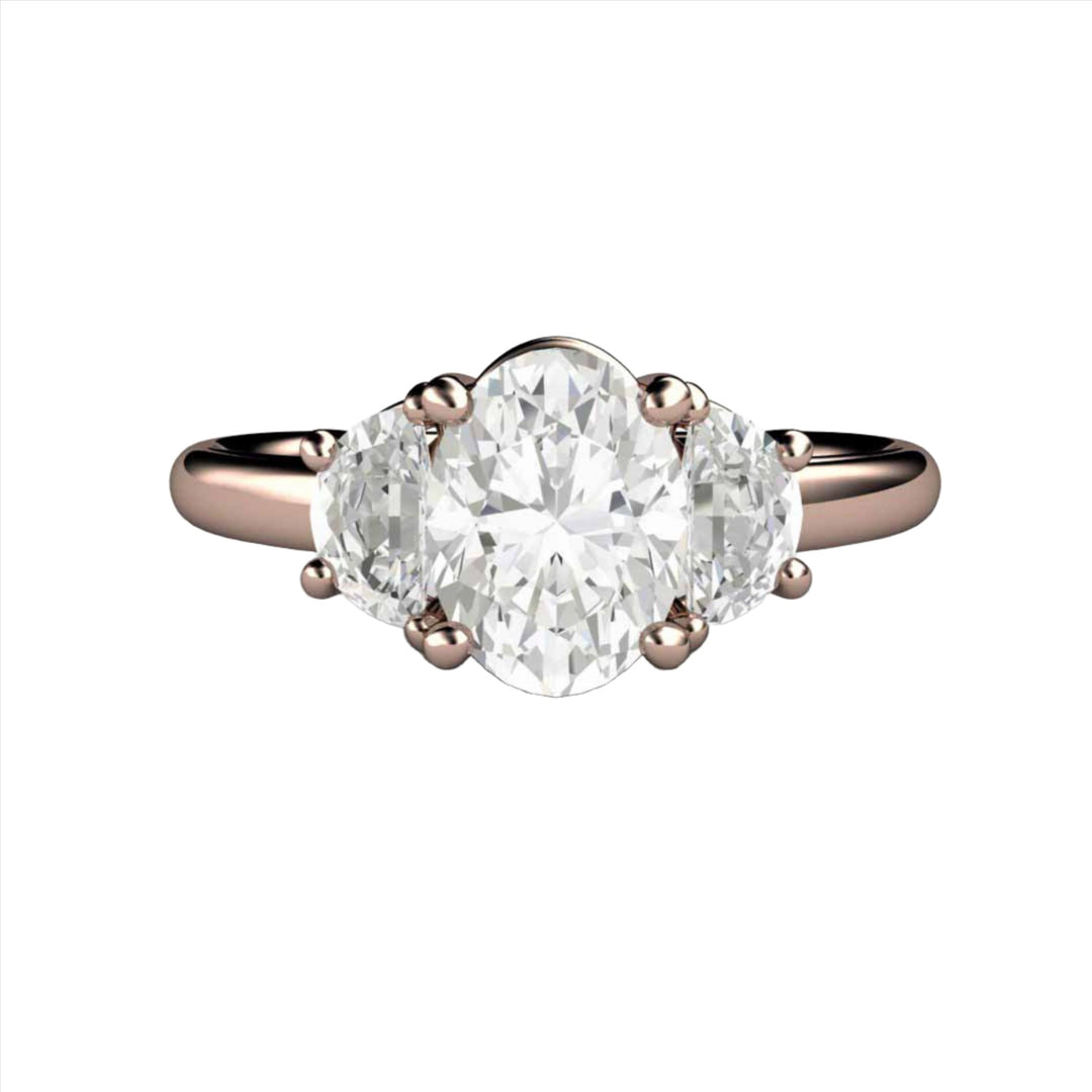 Oval Moissanite Engagement Ring 3 Stone with Half Moon Side Stones, Rare Earth Jewelry