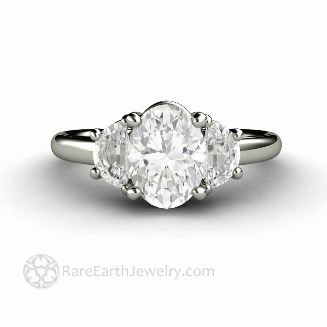 Oval Moissanite Engagement Ring 3 Stone with Half Moon Side Stones, Rare Earth Jewelry