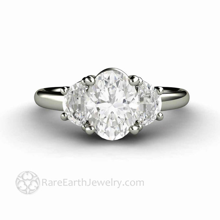 Oval Moissanite Engagement Ring 3 Stone with Half Moon Side Stones, Rare Earth Jewelry