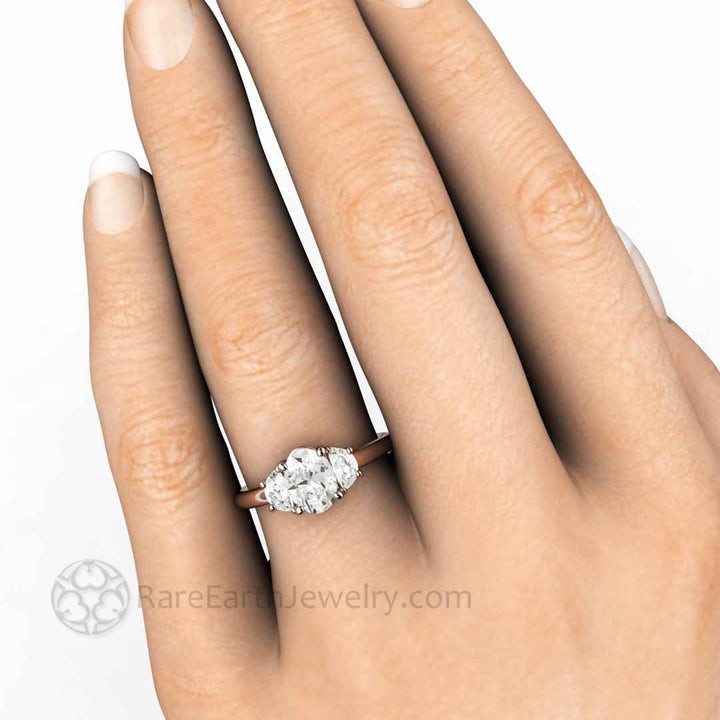 Oval Moissanite Engagement Ring 3 Stone with Half Moon Side Stones, Rare Earth Jewelry