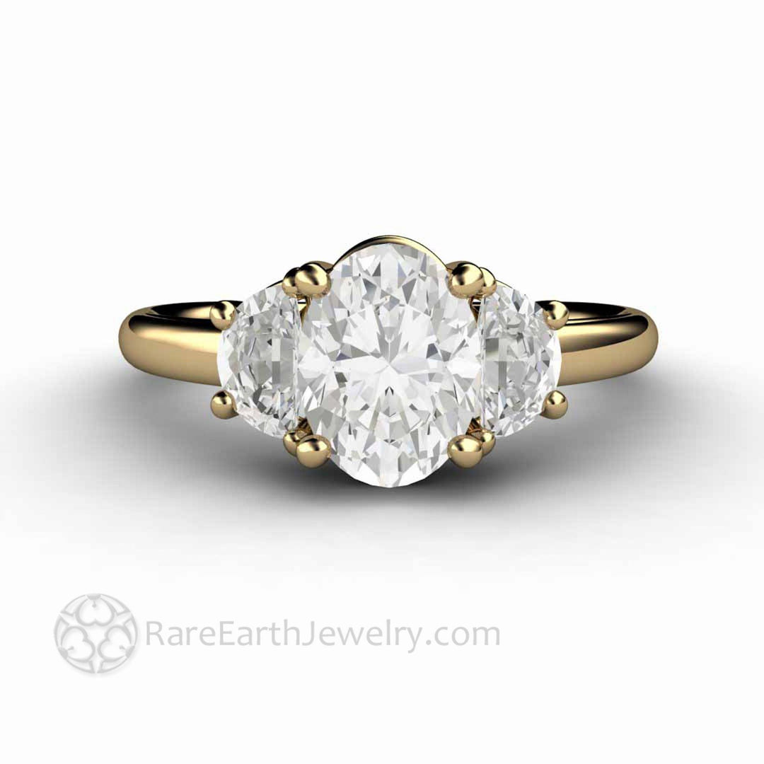 Oval Moissanite Engagement Ring 3 Stone with Half Moon Side Stones, Rare Earth Jewelry