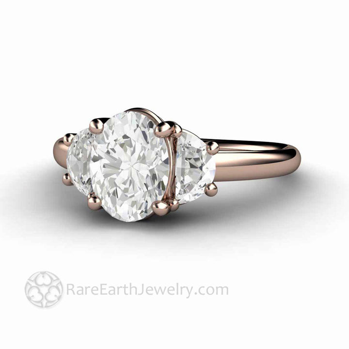 Oval Moissanite Engagement Ring 3 Stone with Half Moon Side Stones, Rare Earth Jewelry