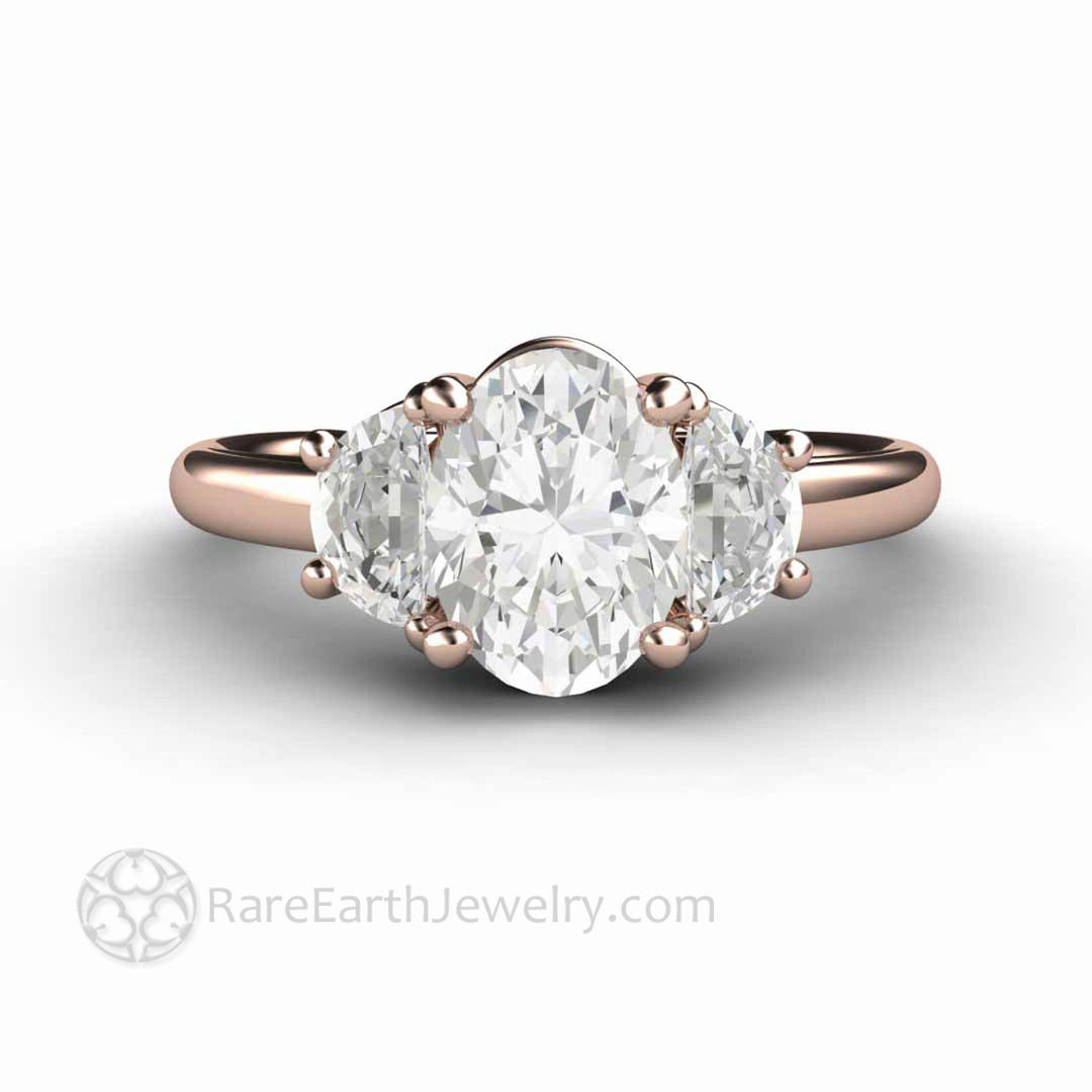 Oval Moissanite Engagement Ring 3 Stone with Half Moon Side Stones, Rare Earth Jewelry