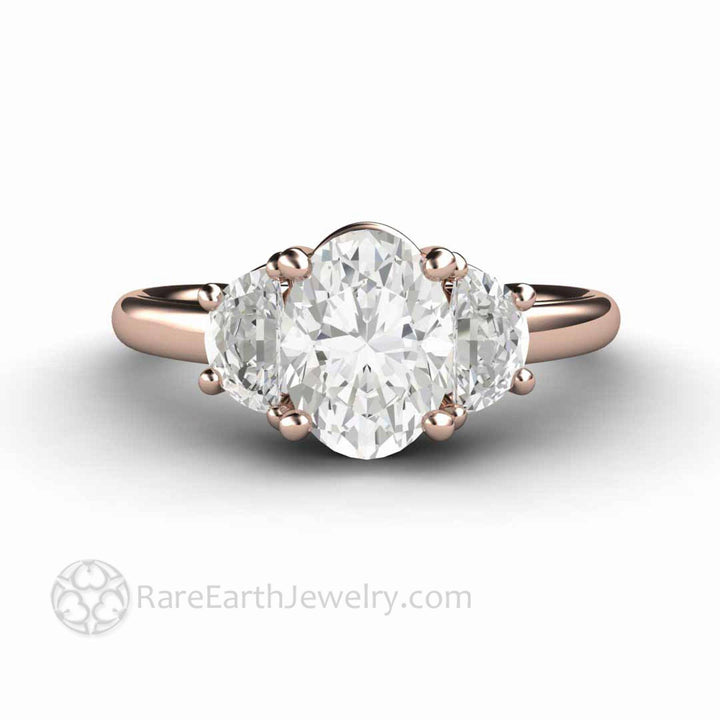 Oval Moissanite Engagement Ring 3 Stone with Half Moon Side Stones, Rare Earth Jewelry