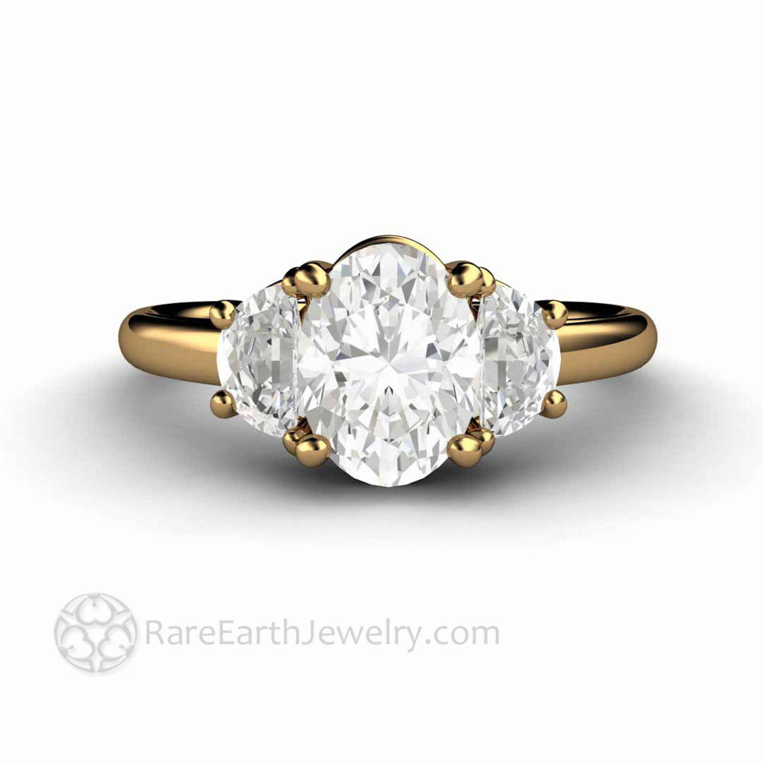 Oval Moissanite Engagement Ring 3 Stone with Half Moon Side Stones, Rare Earth Jewelry