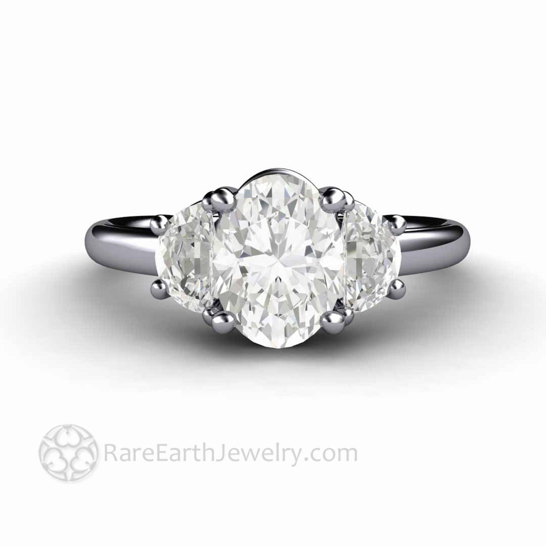 Oval Moissanite Engagement Ring 3 Stone with Half Moon Side Stones, Rare Earth Jewelry