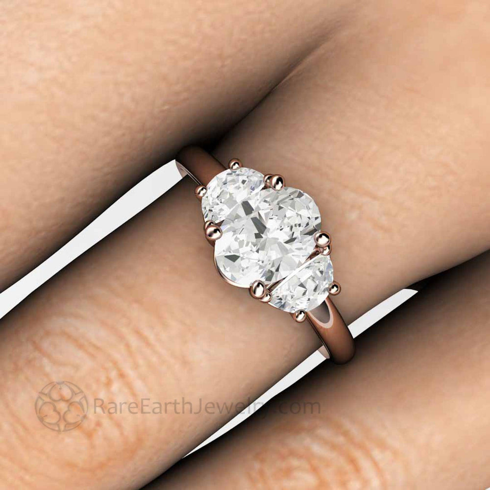 Oval Moissanite Engagement Ring 3 Stone with Half Moon Side Stones, Rare Earth Jewelry