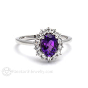 Oval Amethyst Ring with Diamond Halo Vintage Style Cluster February Birthstone Platinum - Rare Earth Jewelry