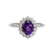 Oval Amethyst Ring with Diamond Halo Vintage Style Cluster February Birthstone 14K White Gold - Rare Earth Jewelry