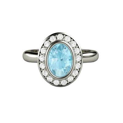Oval Aquamarine Engagement Ring with Diamonds March Birthstone 14K White Gold - Rare Earth Jewelry