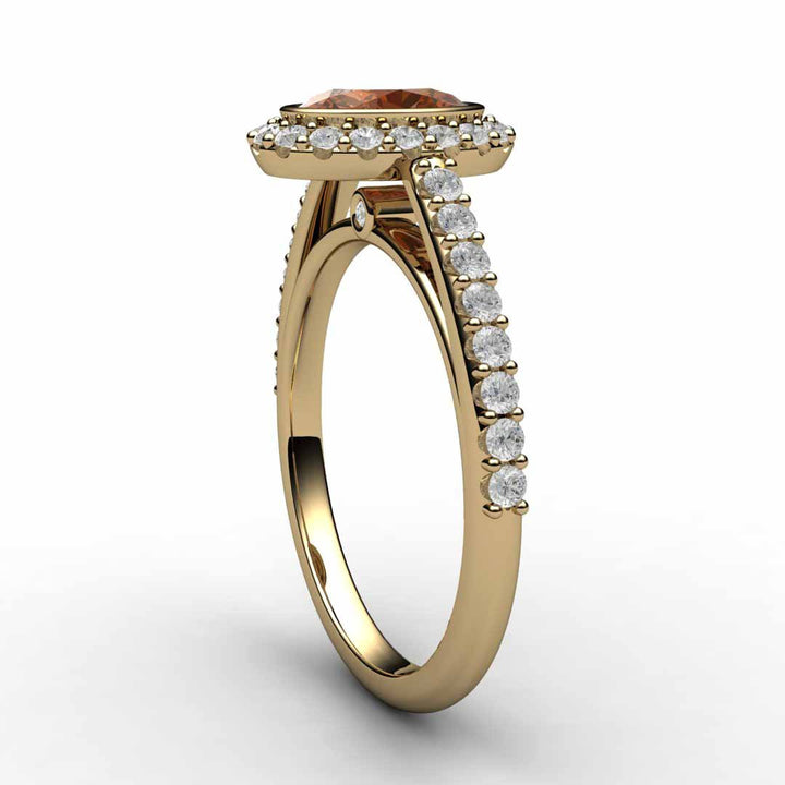 Oval Orange Sapphire Engagement Ring Bezel Set Pave Diamond Halo, Rare Earth Jewelry