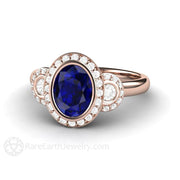 Oval Blue Sapphire Engagement Ring Antique 3 Stone with Diamond Halo 18K Rose Gold - Engagement Only - Rare Earth Jewelry