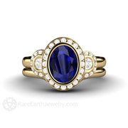 Oval Blue Sapphire Engagement Ring Antique 3 Stone with Diamond Halo 14K Yellow Gold - Wedding Set - Rare Earth Jewelry