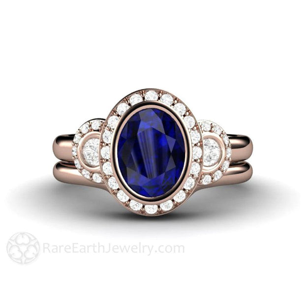Oval Blue Sapphire Engagement Ring Antique 3 Stone with Diamond Halo 14K Rose Gold - Wedding Set - Rare Earth Jewelry