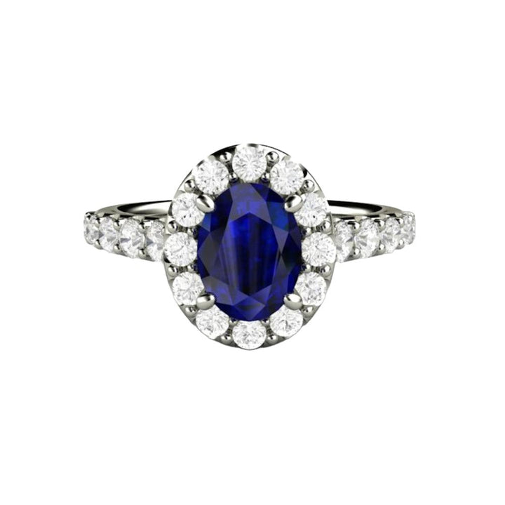 Oval Blue Sapphire Engagement Ring Pave Diamond Halo, Rare Earth Jewelry