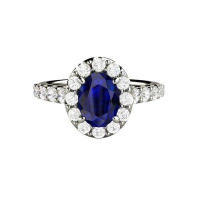 Oval Blue Sapphire Engagement Ring Pave Diamond Halo 14K White Gold - Engagement Only - Rare Earth Jewelry