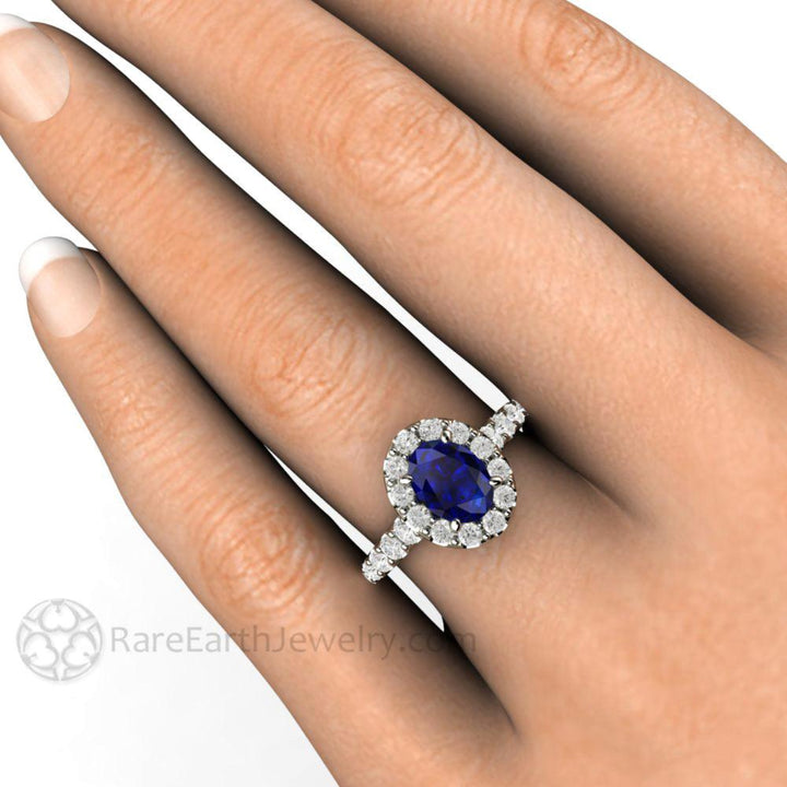 Oval Blue Sapphire Engagement Ring Pave Diamond Halo, Rare Earth Jewelry