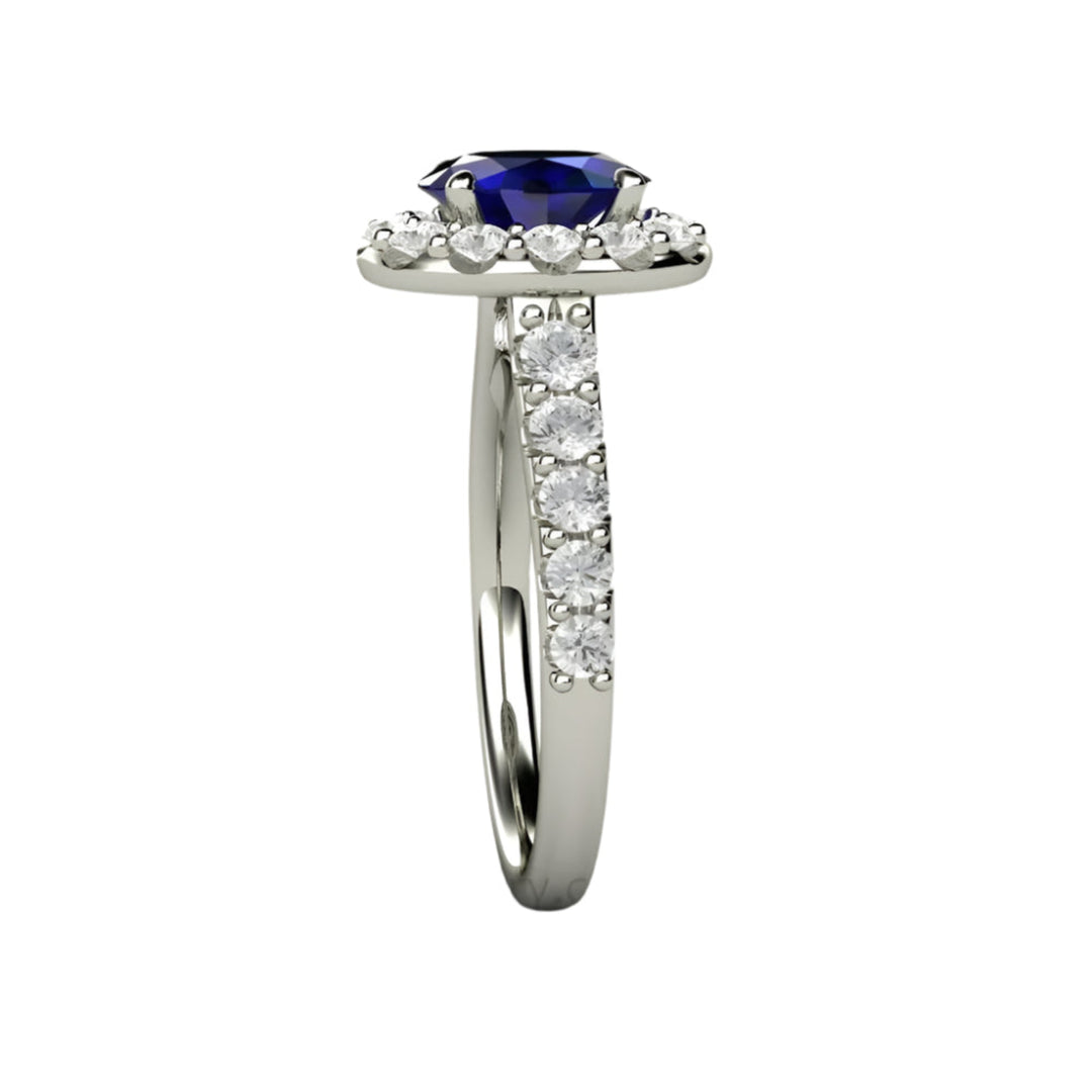 Oval Blue Sapphire Engagement Ring Pave Diamond Halo, Rare Earth Jewelry