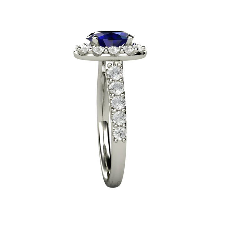 Oval Blue Sapphire Engagement Ring Pave Diamond Halo, Rare Earth Jewelry