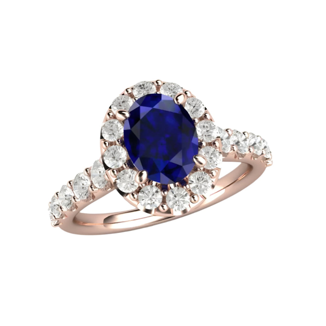 Oval Blue Sapphire Engagement Ring Pave Diamond Halo, Rare Earth Jewelry