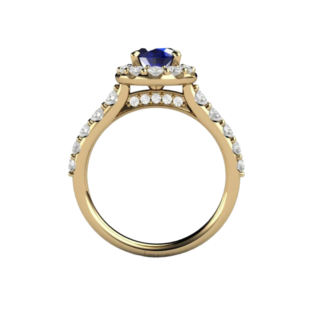 Oval Blue Sapphire Engagement Ring Pave Diamond Halo, Rare Earth Jewelry