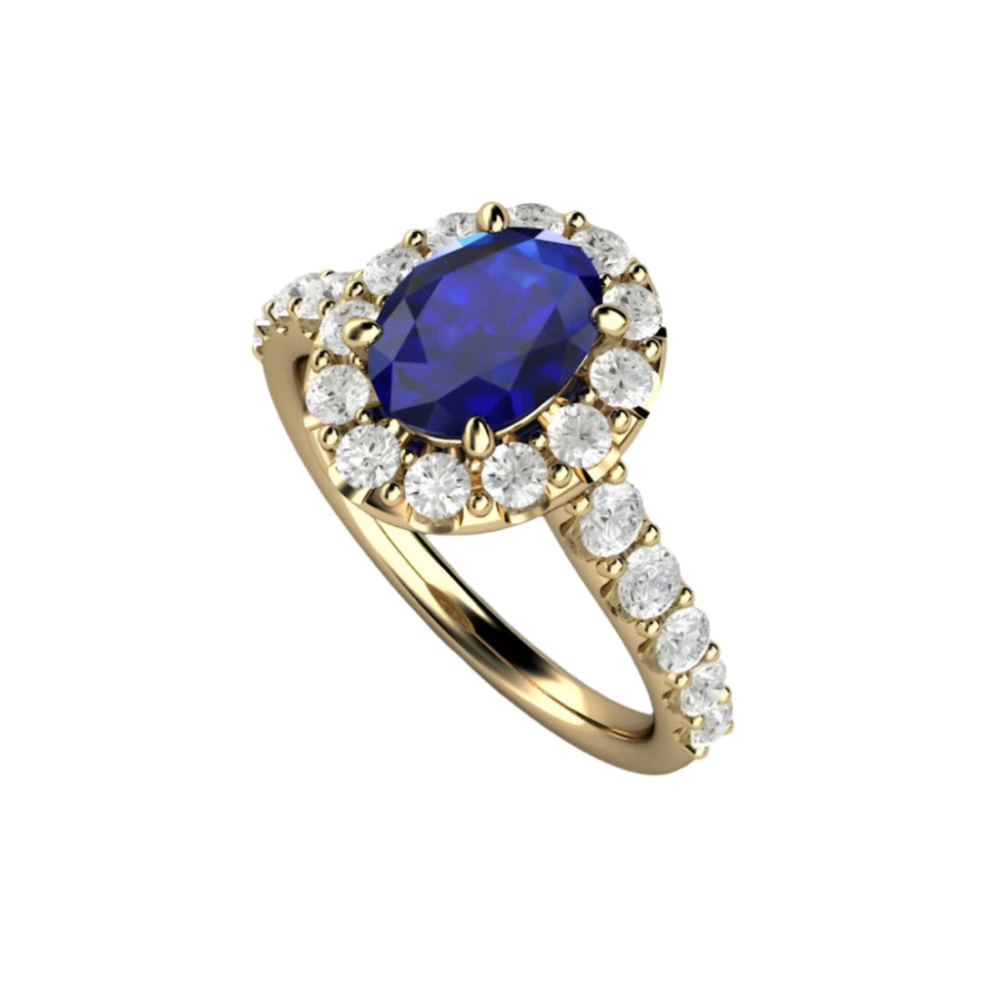 Oval Blue Sapphire Engagement Ring Pave Diamond Halo, Rare Earth Jewelry