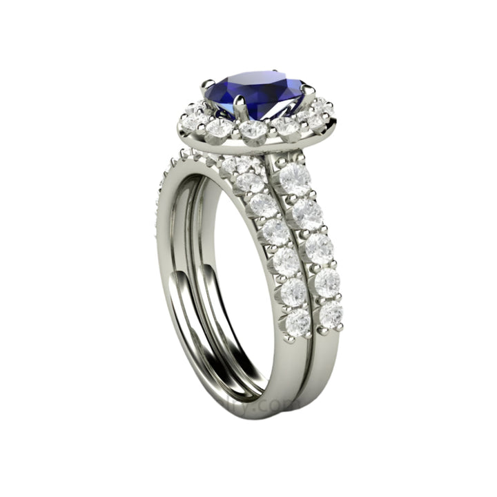 Oval Blue Sapphire Engagement Ring Pave Diamond Halo, Rare Earth Jewelry