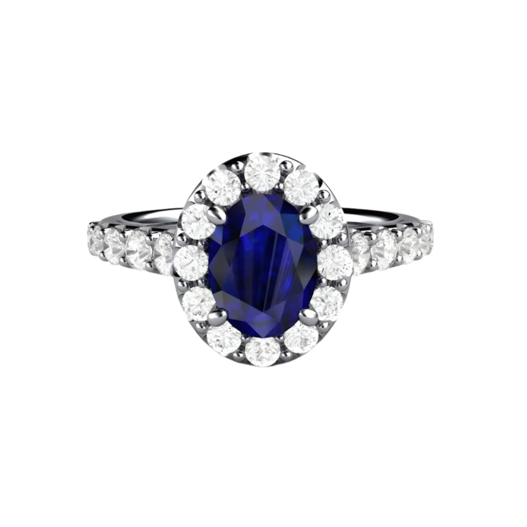 Oval Blue Sapphire Engagement Ring Pave Diamond Halo, Rare Earth Jewelry