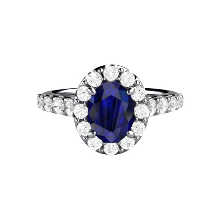 Oval Blue Sapphire Engagement Ring Pave Diamond Halo, Rare Earth Jewelry