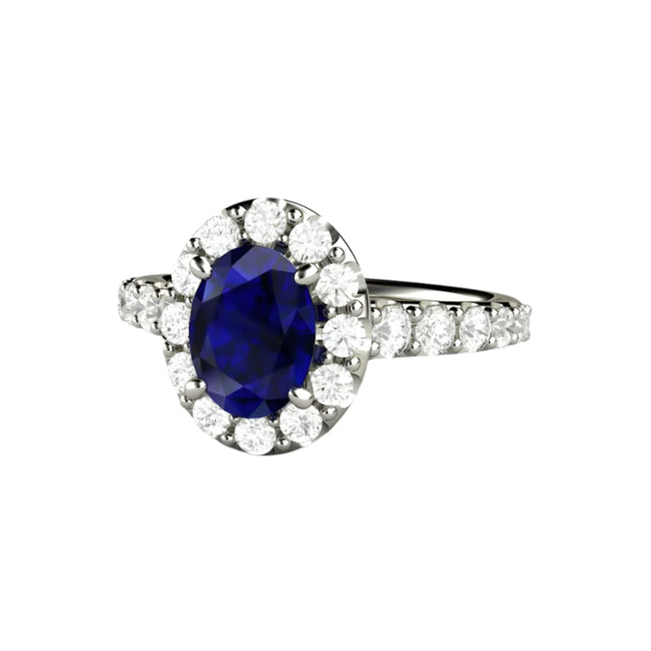 Oval Blue Sapphire Engagement Ring Pave Diamond Halo, Rare Earth Jewelry