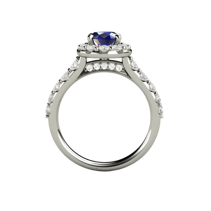 Oval Blue Sapphire Engagement Ring Pave Diamond Halo, Rare Earth Jewelry