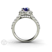 Oval Blue Sapphire Engagement Ring Pave Diamond Halo 18K White Gold - Engagement Only - Rare Earth Jewelry