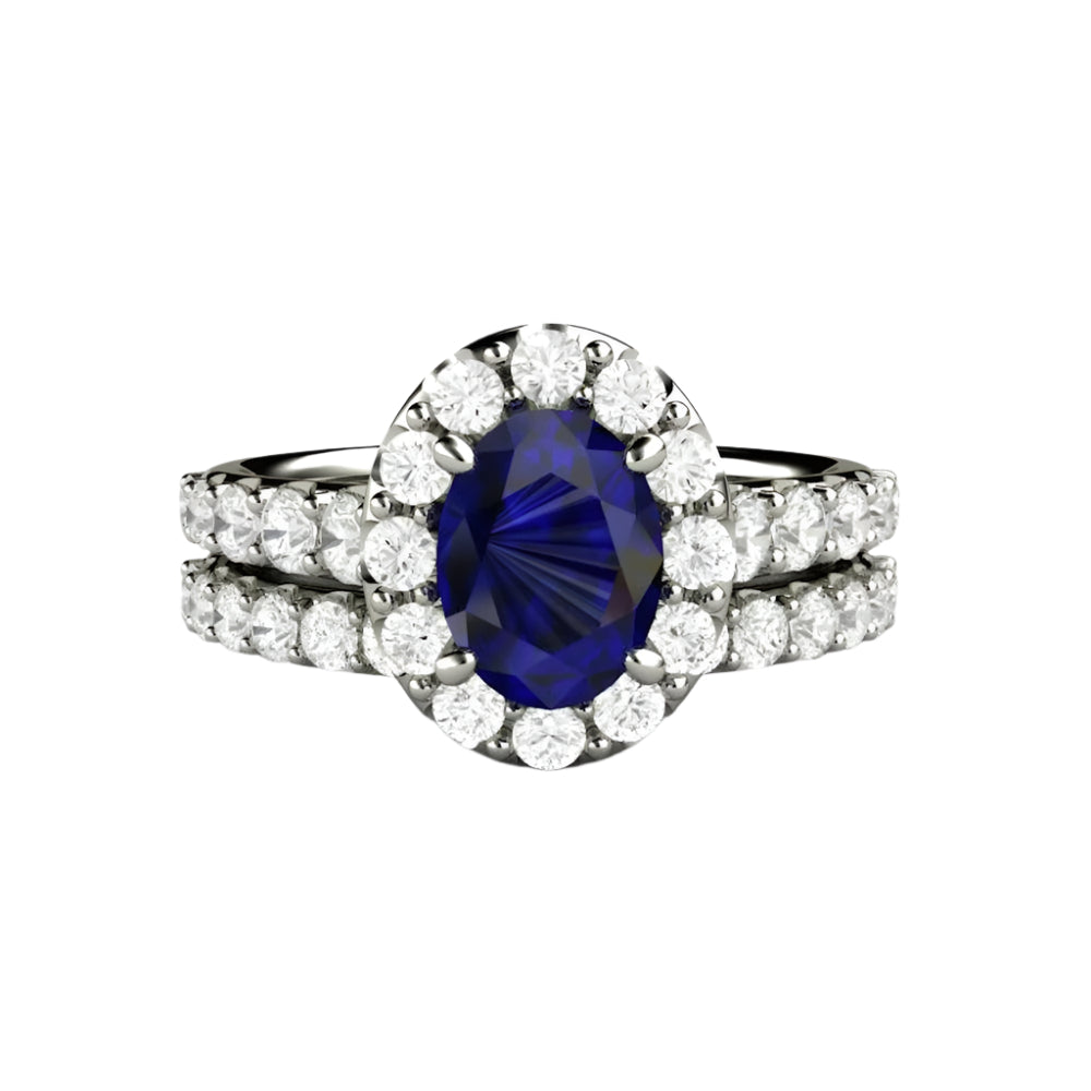 Oval Blue Sapphire Engagement Ring Pave Diamond Halo, Rare Earth Jewelry