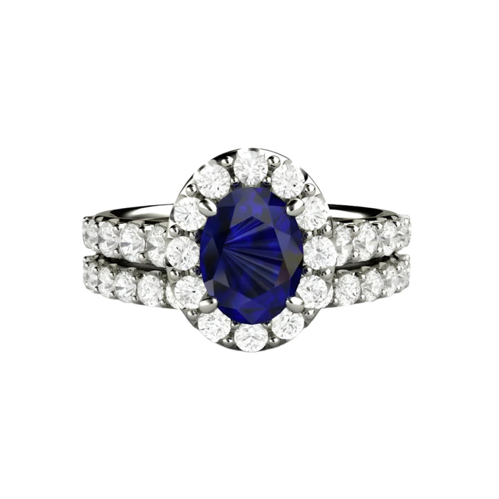 Oval Blue Sapphire Engagement Ring Pave Diamond Halo, Rare Earth Jewelry