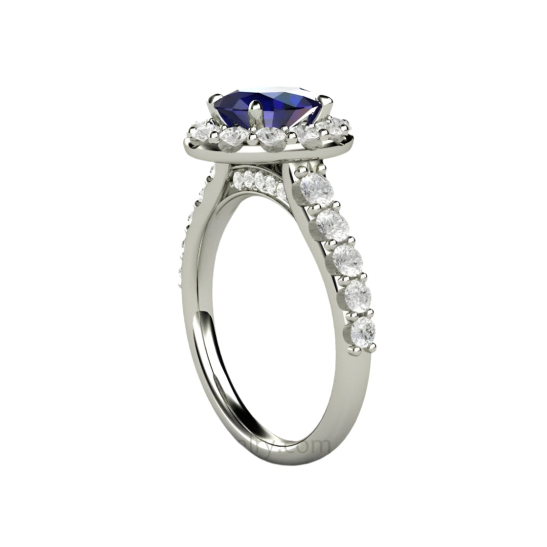 Oval Blue Sapphire Engagement Ring Pave Diamond Halo, Rare Earth Jewelry