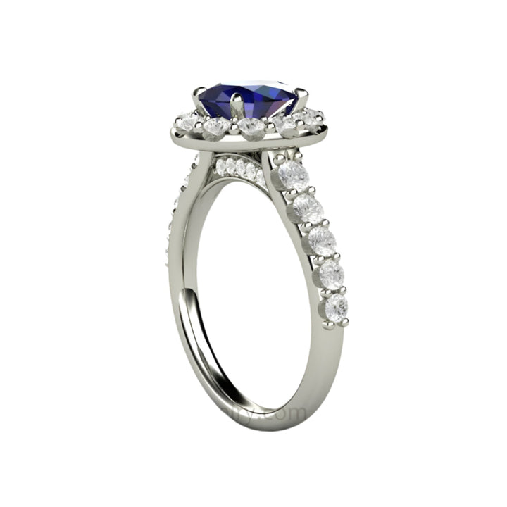 Oval Blue Sapphire Engagement Ring Pave Diamond Halo, Rare Earth Jewelry