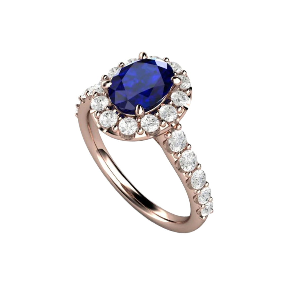 Oval Blue Sapphire Engagement Ring Pave Diamond Halo, Rare Earth Jewelry