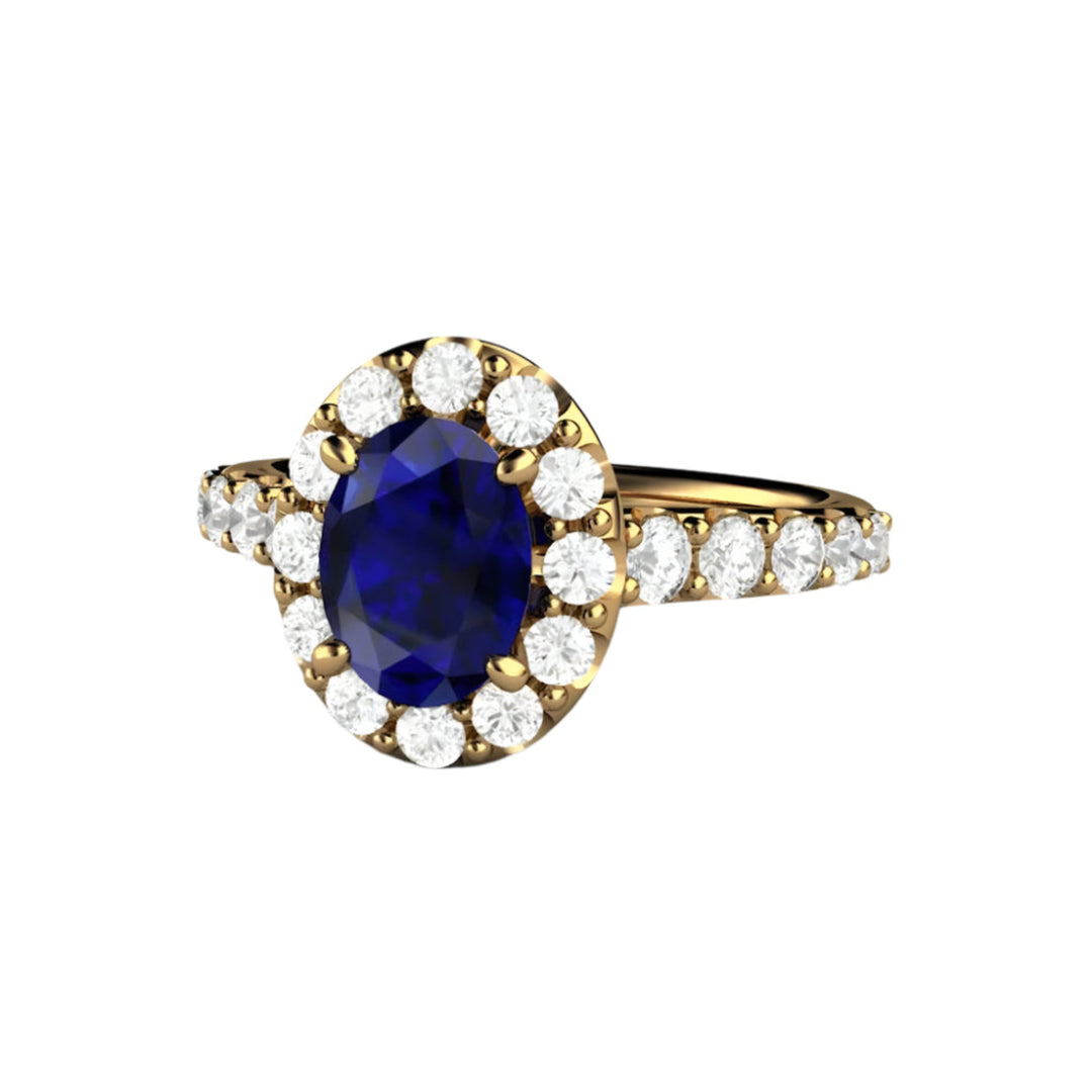 Oval Blue Sapphire Engagement Ring Pave Diamond Halo, Rare Earth Jewelry